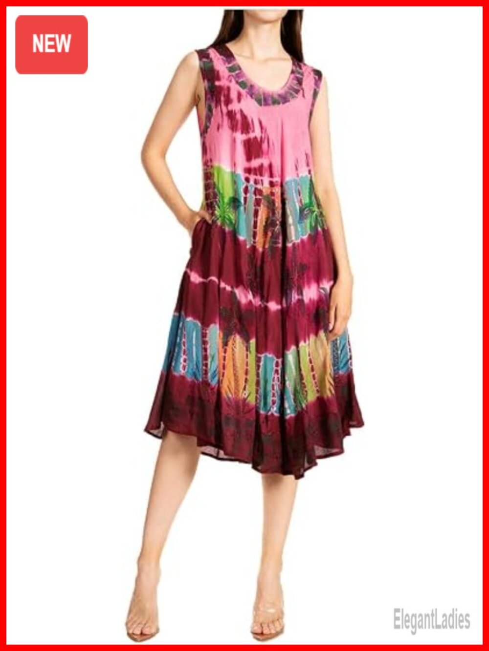 Tie Dye Caftan Dress - Sleeveless, Embroidered, Relaxed Fit, One Size